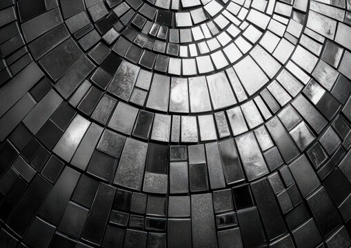black and white spiral mosaic pattern with rectangular tiles creating a dynamic abstract design