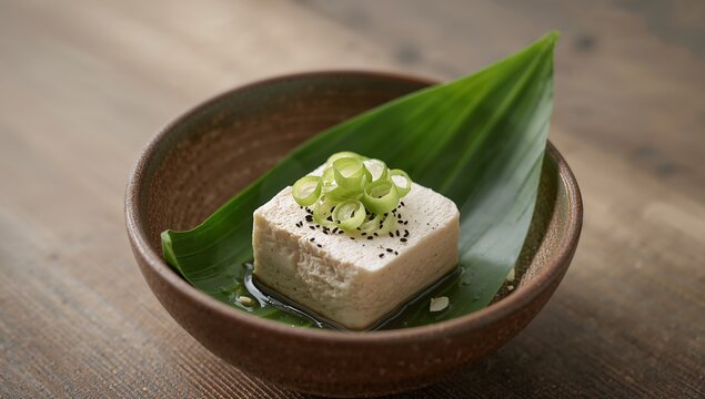 Textured Still Life A Cube Resting on Verdant Leaf, Garnish with Green Circles and Black Dots. - Powered by Adobe