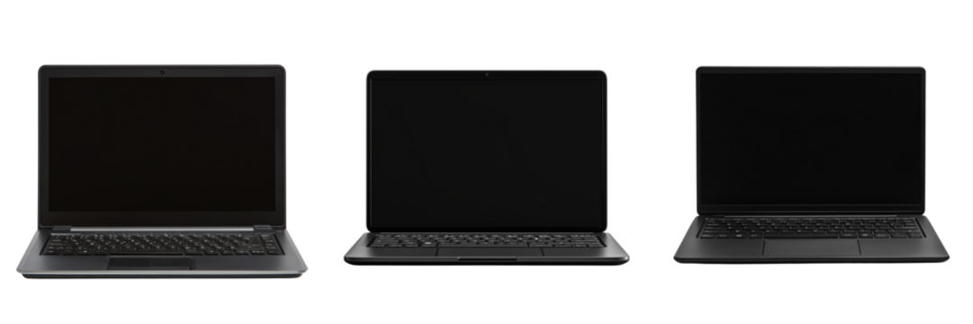 Set of Modern laptop computer open on white background, angled view, high resolution, bright and clean on transparent png background. Ai generated