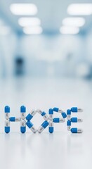 Word hope made from arv pills in hospital setting. Treatment and positive concept.