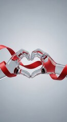 Two glass hands forming a heart shape with red ribbon for love and romance concept.