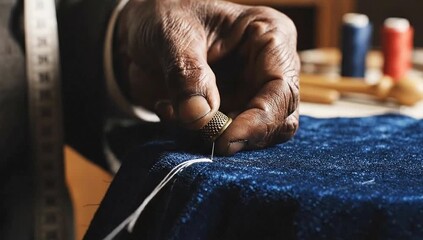 Skilled hands meticulously stitch fabric, preserving tradition and craftsmanship in a vibrant close-up.