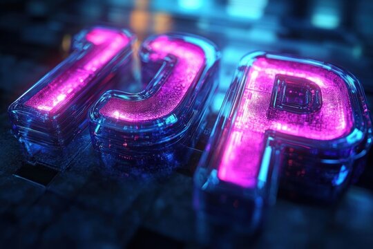 Close-up of glowing translucent 3d letters with pink neon light and futuristic blue background - Powered by Adobe