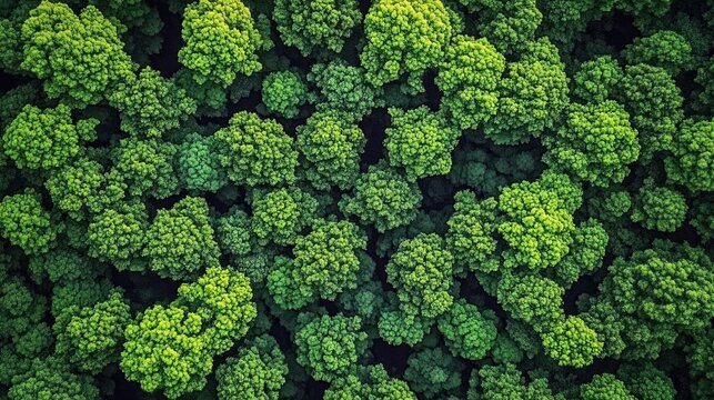 Aerial view of dense green forest canopy with vibrant treetops creating a natural pattern and a serene atmosphere - Powered by Adobe