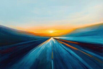 Abstract painting of an open road stretching towards a glowing orange sunset with surrounding blurred blue hills, evoking a sense of journey and hope