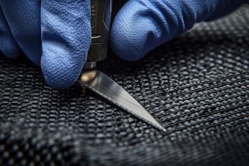 Close-up of a gloved hand holding a sharp precision knife cutting textured black fabric, showcasing detailed craftsmanship and focus