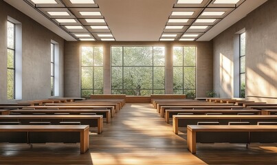 Spacious modern chapel interior with wooden pews, large windows letting in natural light and a view of green trees outside, peaceful and serene atmosphere