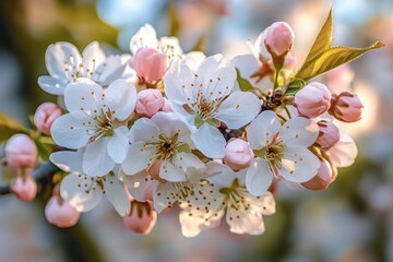 Close-up of a blooming branch with delicate white and soft pink flowers and buds under natural sunlight