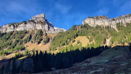 Mountain landscape in the Swiss Alps with a view of a mountain range in bright clear autumn light, Sigriswiler Rothorn, Bernese Oberland, Switzerland