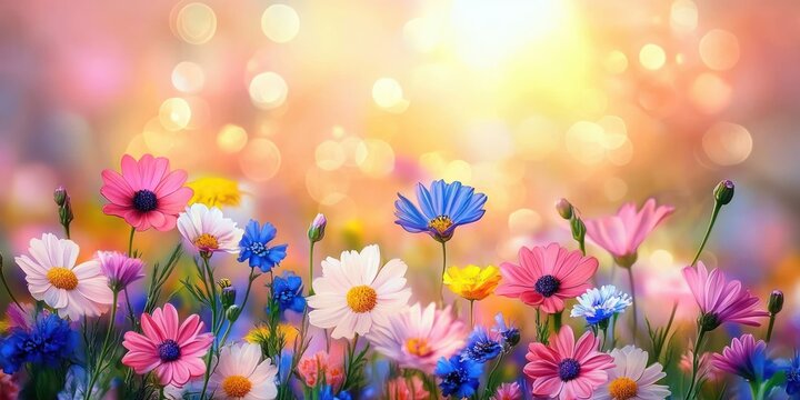 Colorful wildflowers blooming in sunlight with soft bokeh background creating a warm and cheerful atmosphere - Powered by Adobe
