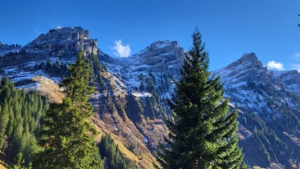 A breathtaking alpine scene in the Bernese Oberland, Switzerland, featuring the Niederhorn mountain chain surrounded by golden autumn colors
