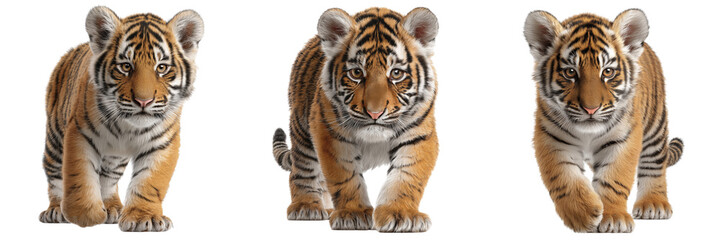 Obraz premium Set of Small tiger cub sitting and gazing calmly, tail wrapped around on transparent png background. Ai generated