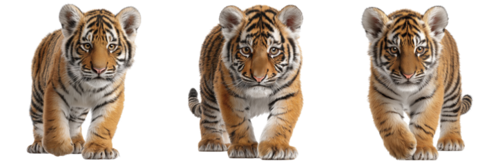 Set of Small tiger cub sitting and gazing calmly, tail wrapped around on transparent png background. Ai generated
