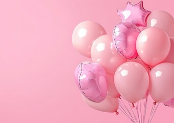 Cluster of shiny pink balloons including heart and star shapes floating against a soft pink background creating a cheerful and festive mood