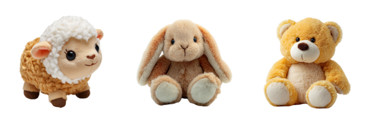 Set of Soft white plush kitten from the 1990s, adorable facial expression, nostalgic toy aesthetic, clean product photography on transparent png background. Ai generated