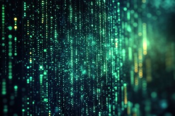 Abstract digital matrix of vertical glowing green and yellow light dots on a dark background creating a futuristic data stream effect