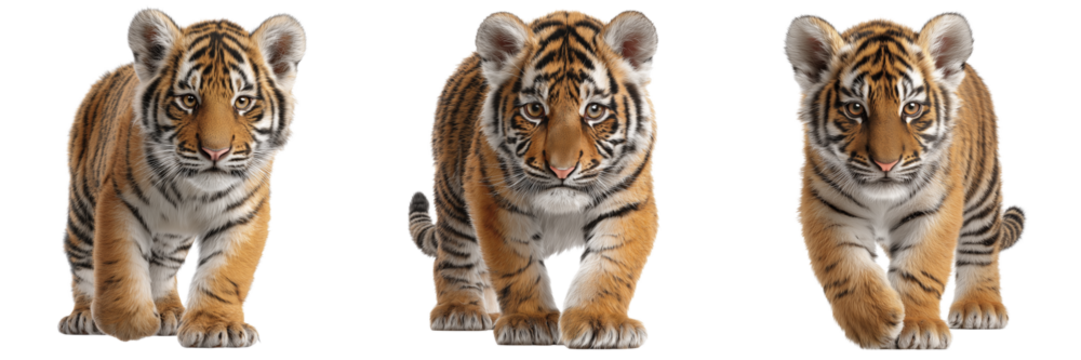 Set of Small tiger cub sitting and gazing calmly, tail wrapped around on transparent png background. Ai generated