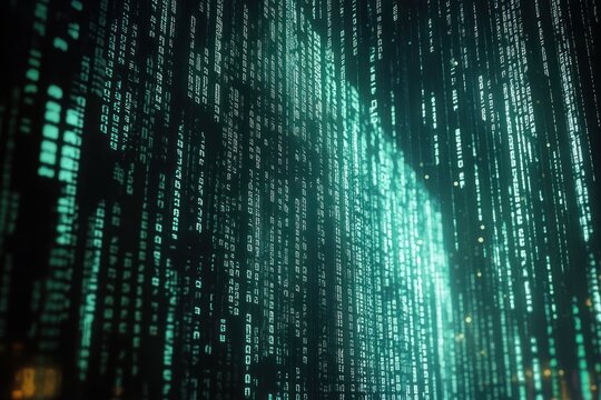 Glowing vertical streams of green digital code cascading in a dark space, creating a futuristic and mysterious atmosphere - Powered by Adobe