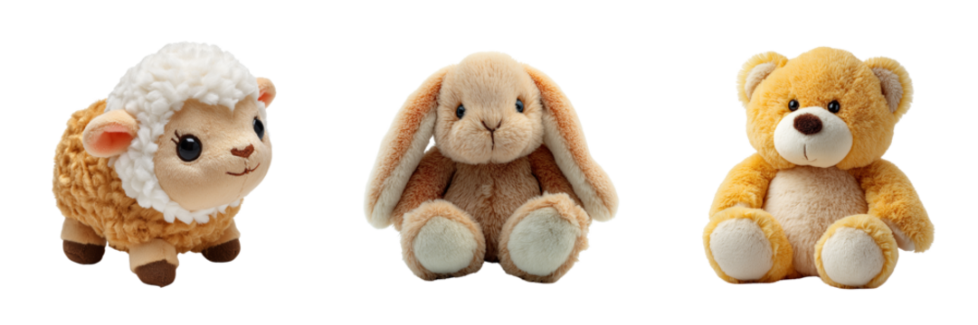 Set of Soft white plush kitten from the 1990s, adorable facial expression, nostalgic toy aesthetic, clean product photography on transparent png background. Ai generated - Powered by Adobe