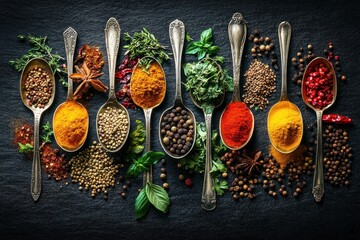 Assortment of colorful spices and dried herbs on vintage silver spoons arranged on a dark textured surface, evoking a vibrant and aromatic cooking atmosphere