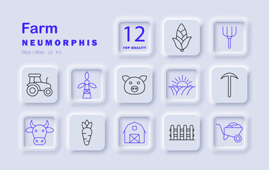 Farm set icon. Tractor, pig, cow, carrot, corn, barn, windmill, fence, wheelbarrow, sunrise, pitchfork, tree rural life with animals, crops, tools, machinery, land, natural products.