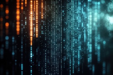 Glowing vertical streams of binary code in blue and orange colors on a dark background conveying digital data and futuristic technology