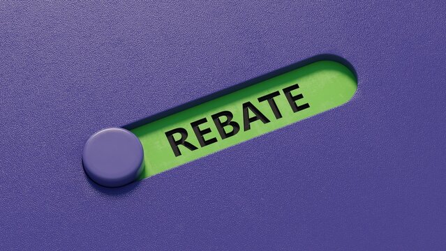slide switch spelling with REBATE business word.close up of slide switch spelling,Business Concept.3D rendering.