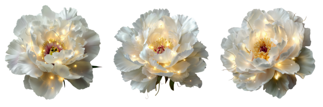 Set of Ultra-realistic white peony flower laying on smooth white surface, crisp textures, subtle shadows, high-resolution on transparent png background. Ai generated