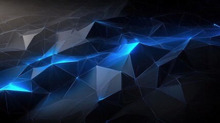 Abstract digital geometric landscape with glowing blue triangular shapes and dark polygonal mesh creating a futuristic and dynamic atmosphere