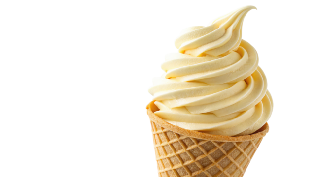 Delicious vanilla soft serve ice cream cone isolated on transparent background