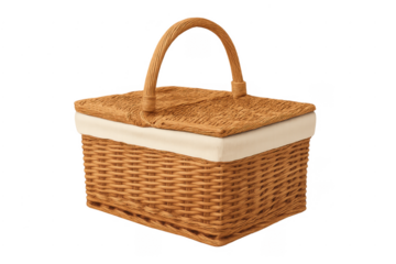 Woven picnic basket with closed lid and handle