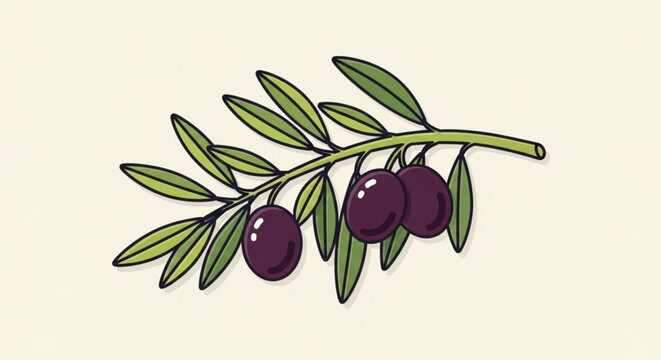 Illustration of an olive branch with dark purple olives symbol of peace, victory, and fertility in ancient times