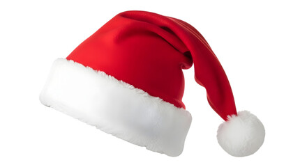 Red santa hat with white fur trim and pompom, isolated on transparent background