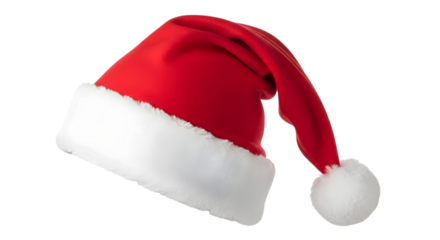 Red santa hat with white fur trim and pompom, isolated on transparent background