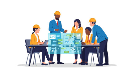 A team in hardhats discusses a blueglowing project table in a bright modern office space