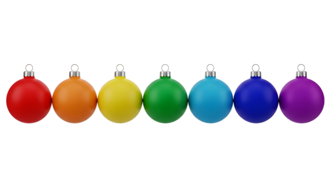A row of seven colorful christmas baubles in rainbow order, isolated on transparent background