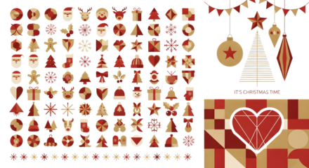 Collection of christmas icons and ornaments in red and gold colors, including trees, snowflakes, reindeer, and hearts isolated on transparent background