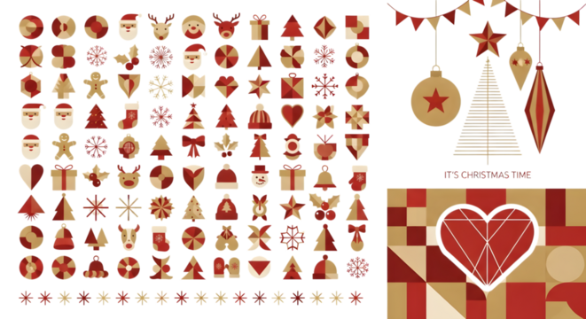 Collection of christmas icons and ornaments in red and gold colors, including trees, snowflakes, reindeer, and hearts isolated on transparent background