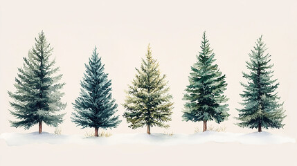 Obraz premium A collection of five watercolor pine trees, varying in size and color, with snow at the base, on a light background