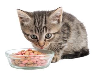Little cat isolated, young kitten eating cat food from a food bowl, adorable kitten close-up portrait, isolated on a transparent background, professional pet photography, pet food advertising concept