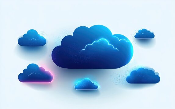 Digital illustration of multiple glowing blue clouds with subtle gradient backgrounds and neon-like edges, evoking a futuristic and calm atmosphere