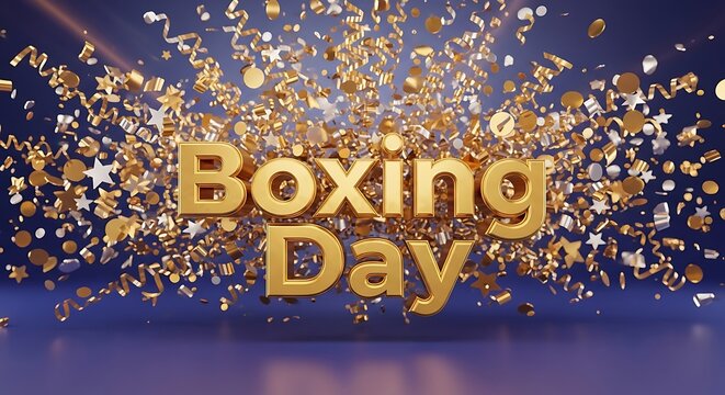 Golden Boxing Day Celebration: Confetti Bursting on Blue Backdrop - Festive Holiday Cheer, Retail Sales, & Post-Christmas Shopping Opportunity. Glamour & Elegance