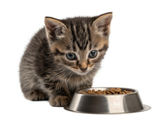 Little cat isolated, young kitten eating cat food from a food bowl, adorable kitten close-up portrait, isolated on a transparent background, professional pet photography, pet food advertising concept
