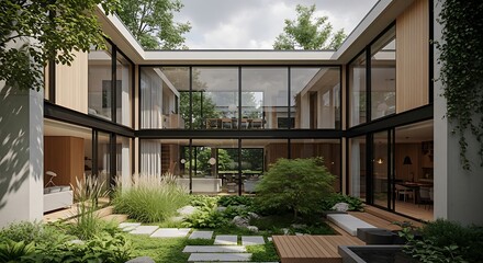 Modern Courtyard House with Lush Green Garden and Glass Walls.