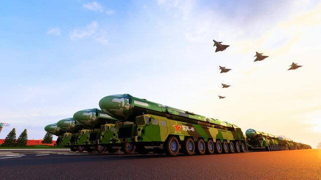 Dongfeng-41 missile vehicles and J-20 fighter jets flew over Tiananmen Square in Beijing, China(produced by Lumion,not AI-generated)