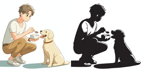  Set of vector and shilhouttes images of men and dogs on a white background