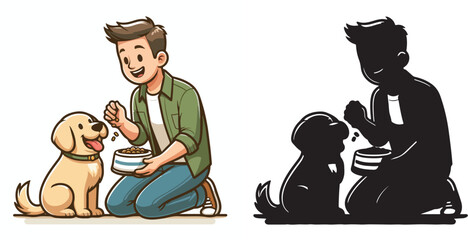  Set of vector and shilhouttes images of men and dogs on a white background
