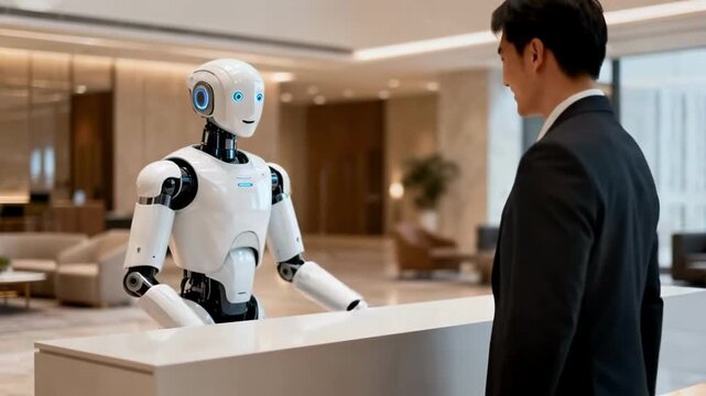 Robot Receptionist Greeting Visitor Modern Office Lobby