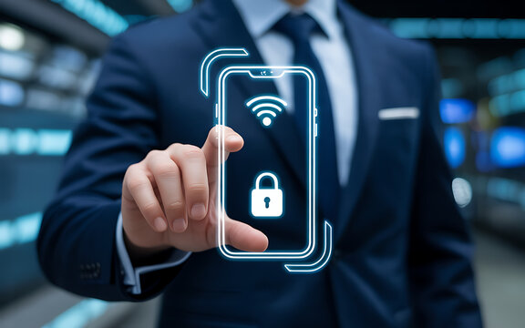 Closeup of a businessmans hand interacting with a smartphone displaying security and connectivity icons