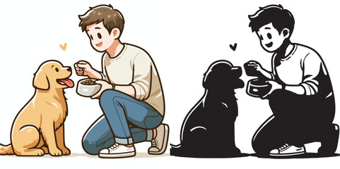  Set of vector and shilhouttes images of men and dogs on a white background